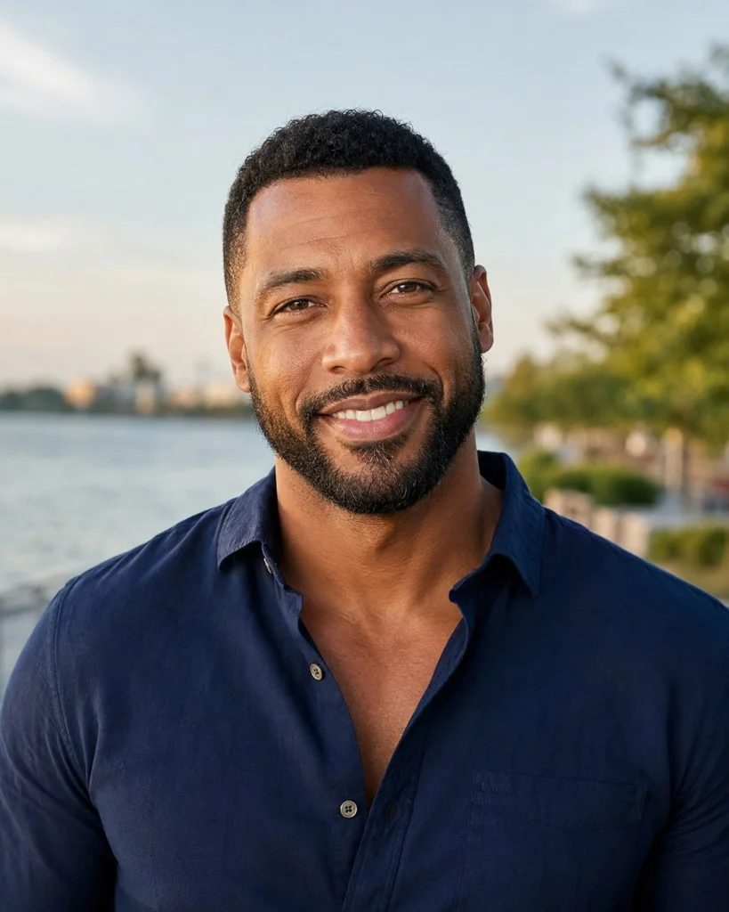 Attractive Black Man Dating Profile Attractive Black man smiling in a Meet Positives dating profile.